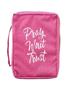 Rosa bibelfodral i polycanvas, med orden Pray, Wait, Trust - large